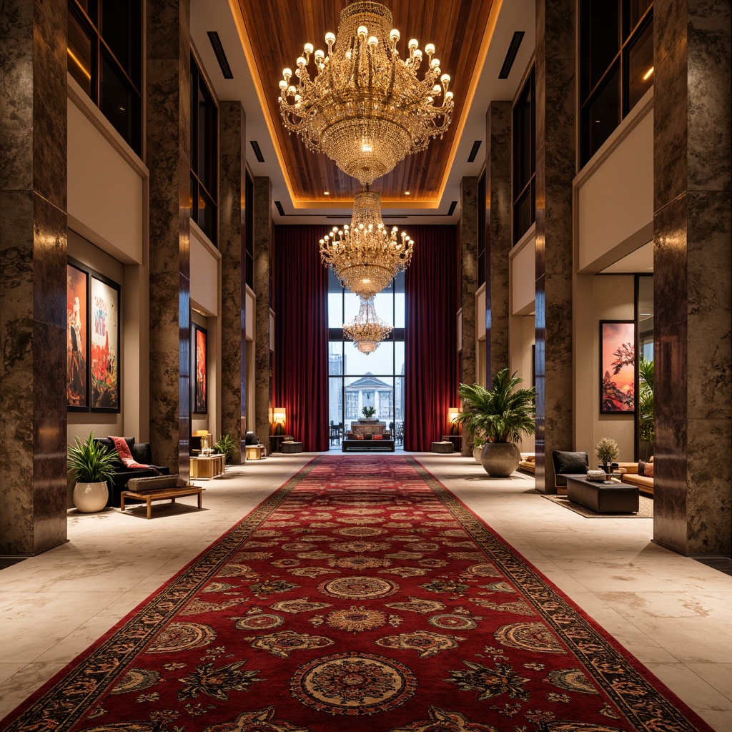 Prompt: Luxurious hotel lobby, rich velvet fabrics, polished marble floors, ornate chandeliers, grand staircases, plush furnishings, vibrant colorful artwork, eclectic patterned rugs, metallic accents, luxurious spa facilities, sauna rooms, steam rooms, aromatherapy, lavish bathrooms, freestanding tubs, rain showerheads, natural stone walls, reclaimed wood ceilings, ambient warm lighting, shallow depth of field, 1/1 composition, cinematic camera angles, high-contrast imagery, dramatic shadows, expressive brushstrokes.