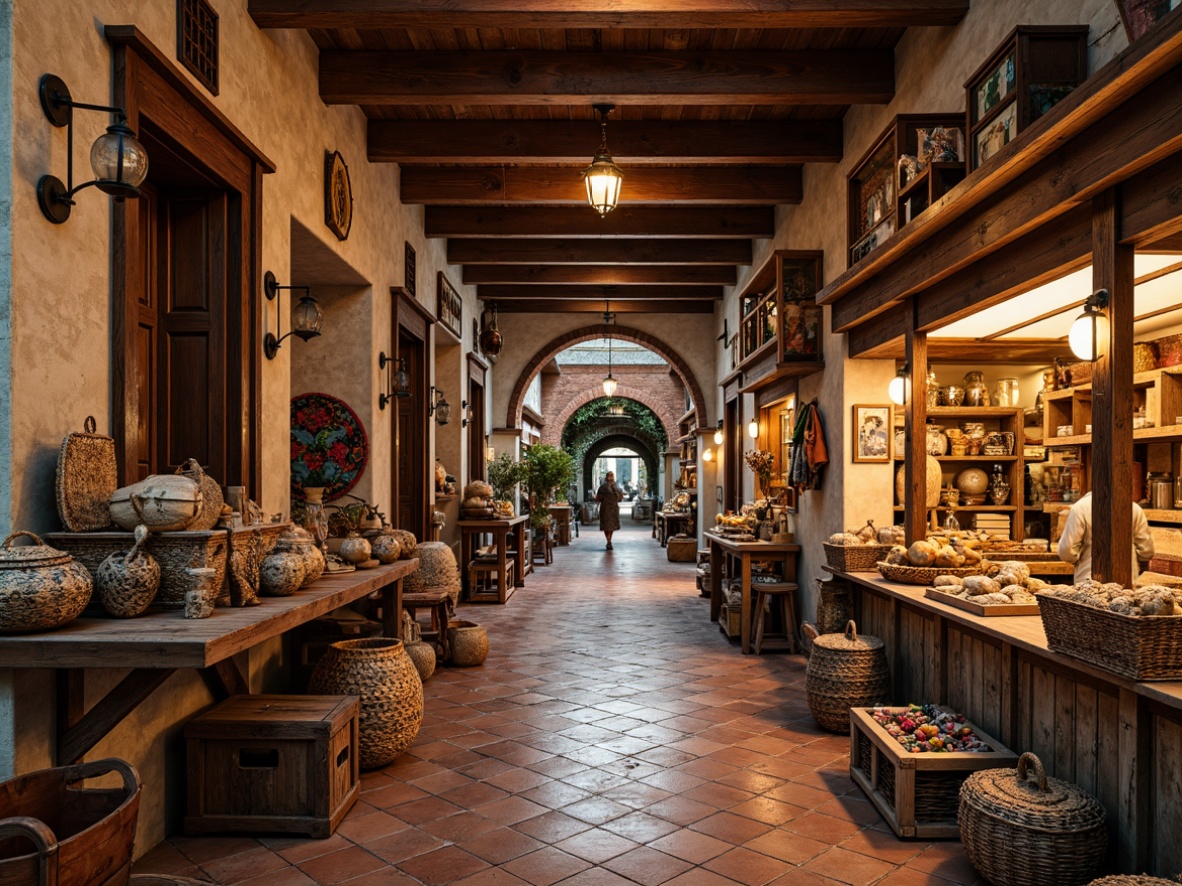 Prompt: Rustic market stalls, woven baskets, vintage wooden crates, distressed stone walls, earthy terracotta floors, ornate metal lanterns, colorful textiles, intricate tile work, aged brick arches, natural fiber rugs, worn leather goods, antique copper accents, warm golden lighting, shallow depth of field, 1/1 composition, realistic reflections, ambient occlusion.