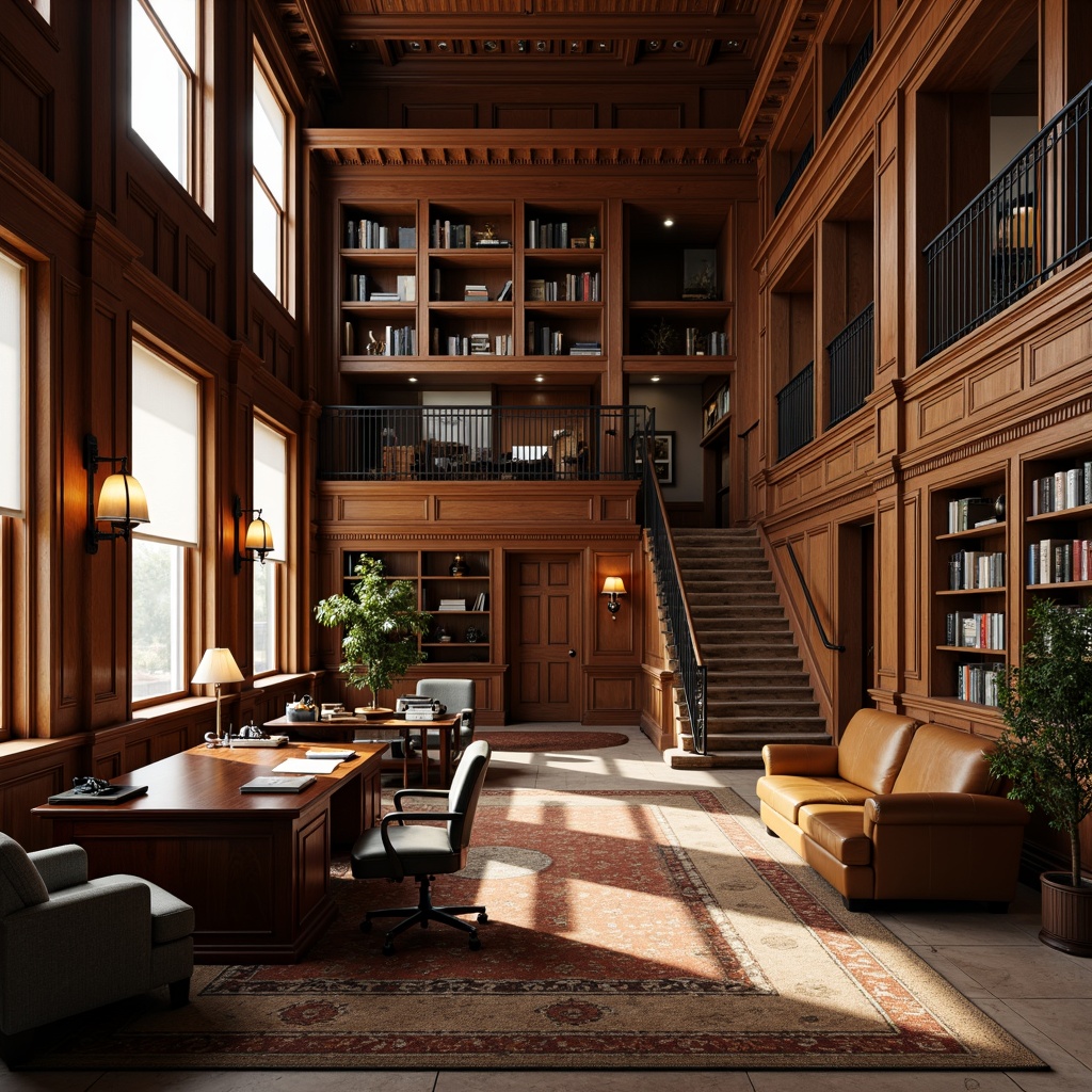 Prompt: Elegant office building, traditional academic architecture, wooden paneling, ornate moldings, comfortable leather sofas, polished oak desks, ergonomic chairs, floor lamps, bookshelves, vintage typewriters, rich brown carpeting, natural stone flooring, grand staircases, high ceilings, large windows, soft warm lighting, shallow depth of field, 3/4 composition, realistic textures, ambient occlusion.