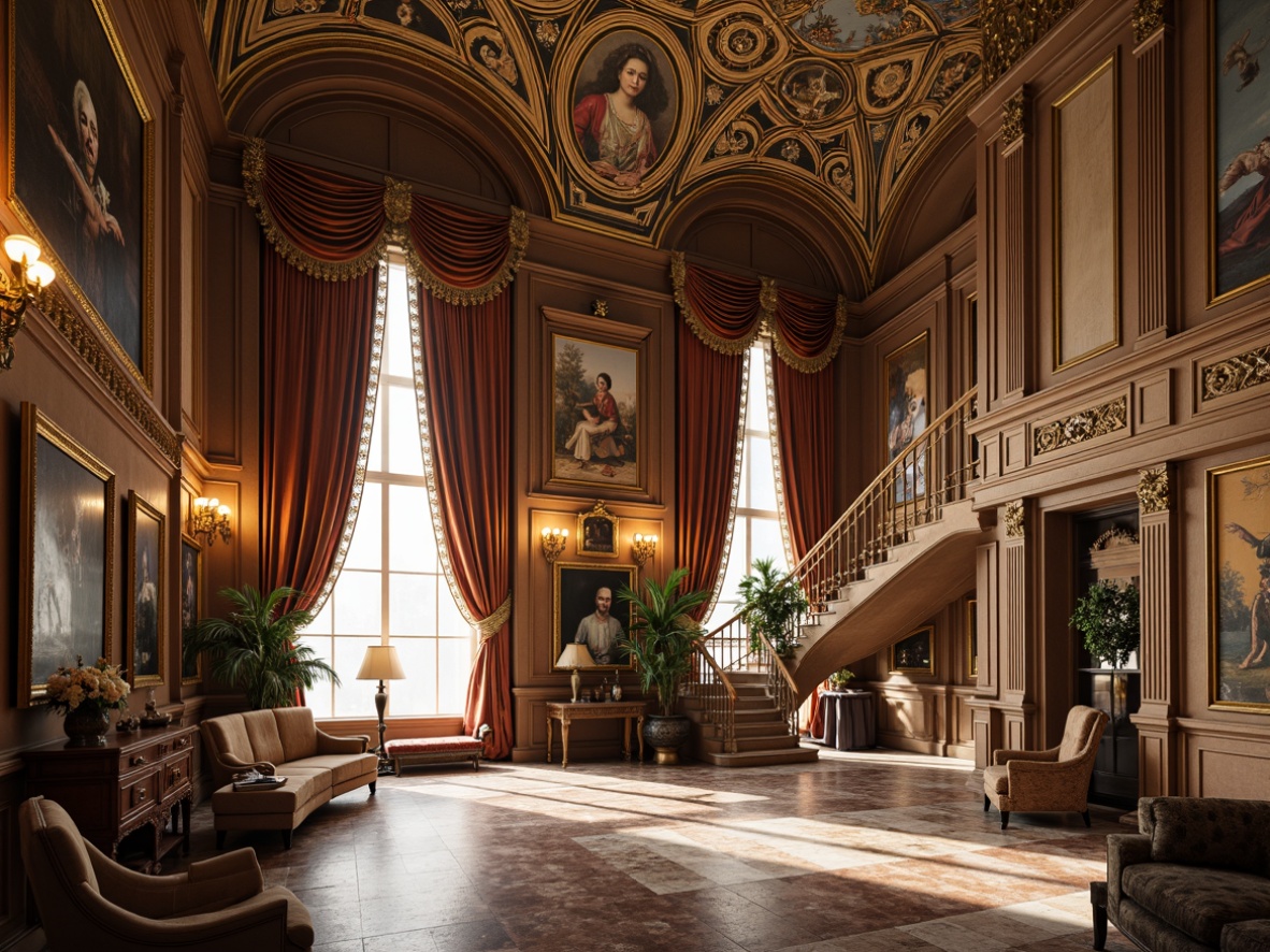 Prompt: Grandiose museum interior, opulent furnishings, intricate carvings, gilded frames, ornate mirrors, lavish chandeliers, velvet drapes, rich tapestries, marble floors, ornamental columns, curved staircases, delicate frescoes, soft warm lighting, shallow depth of field, 1/1 composition, realistic textures, ambient occlusion.