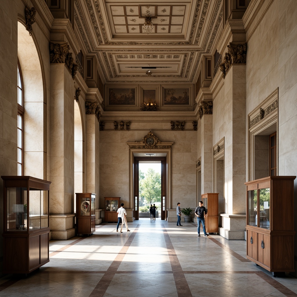 Prompt: Historic museum building, neoclassical architecture, grand entrance hall, ornate details, marble floors, wooden exhibit cases, soft warm lighting, subtle color transitions, earthy tones, rich wood accents, creamy whites, muted grays, warm beige, subtle blue undertones, natural textures, elegant typography, classic composition, realistic rendering, ambient occlusion.