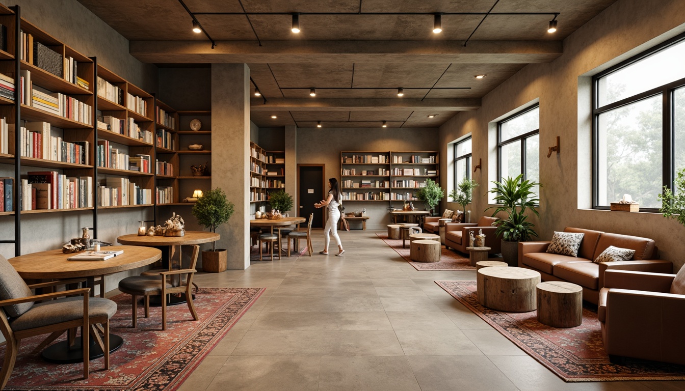 Prompt: Minimalist bookstore, industrial metal shelves, reclaimed wood accents, warm beige walls, softbox lighting, cozy reading nooks, comfortable couches, vintage rugs, distressed leather armchairs, worn wooden tables, modern minimalist decor, neutral color palette, subtle textures, natural fabrics, earthy tones, calm atmosphere, shallow depth of field, 1/1 composition, realistic rendering, ambient occlusion.