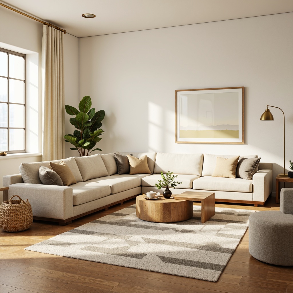 Prompt: Minimalist living room, creamy white walls, polished wooden floors, warm beige sofas, sleek low-profile coffee tables, geometric-patterned rugs, soft golden lighting, comfortable pillows, natural fiber textiles, minimalist decorative accents, greenery plants, calm atmosphere, shallow depth of field, 1/1 composition, realistic textures, ambient occlusion.