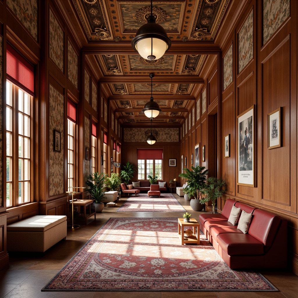 Prompt: Traditional university halls, rich wood paneling, warm earthy tones, ornate moldings, classic wallpaper patterns, luxurious fabrics, comfortable seating areas, grand chandeliers, sophisticated color schemes, elegant ceiling designs, refined textures, subtle sheen finishes, soft diffused lighting, 1/1 composition, realistic rendering.