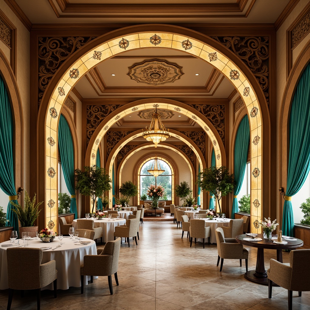 Prompt: Elegant dining hall, ornate metalwork, curved lines, flowing organic forms, luxurious velvet drapes, rich wood paneling, intricate stone carvings, warm golden lighting, soft pastel hues, muted earth tones, vibrant emerald green, bold turquoise accents, ornamental floral patterns, stylized botanical motifs, majestic high ceilings, grand chandeliers, refined marble floors, lavish furnishings, sophisticated ambiance, 1/2 composition, atmospheric perspective, warm color grading, subtle texture overlay.