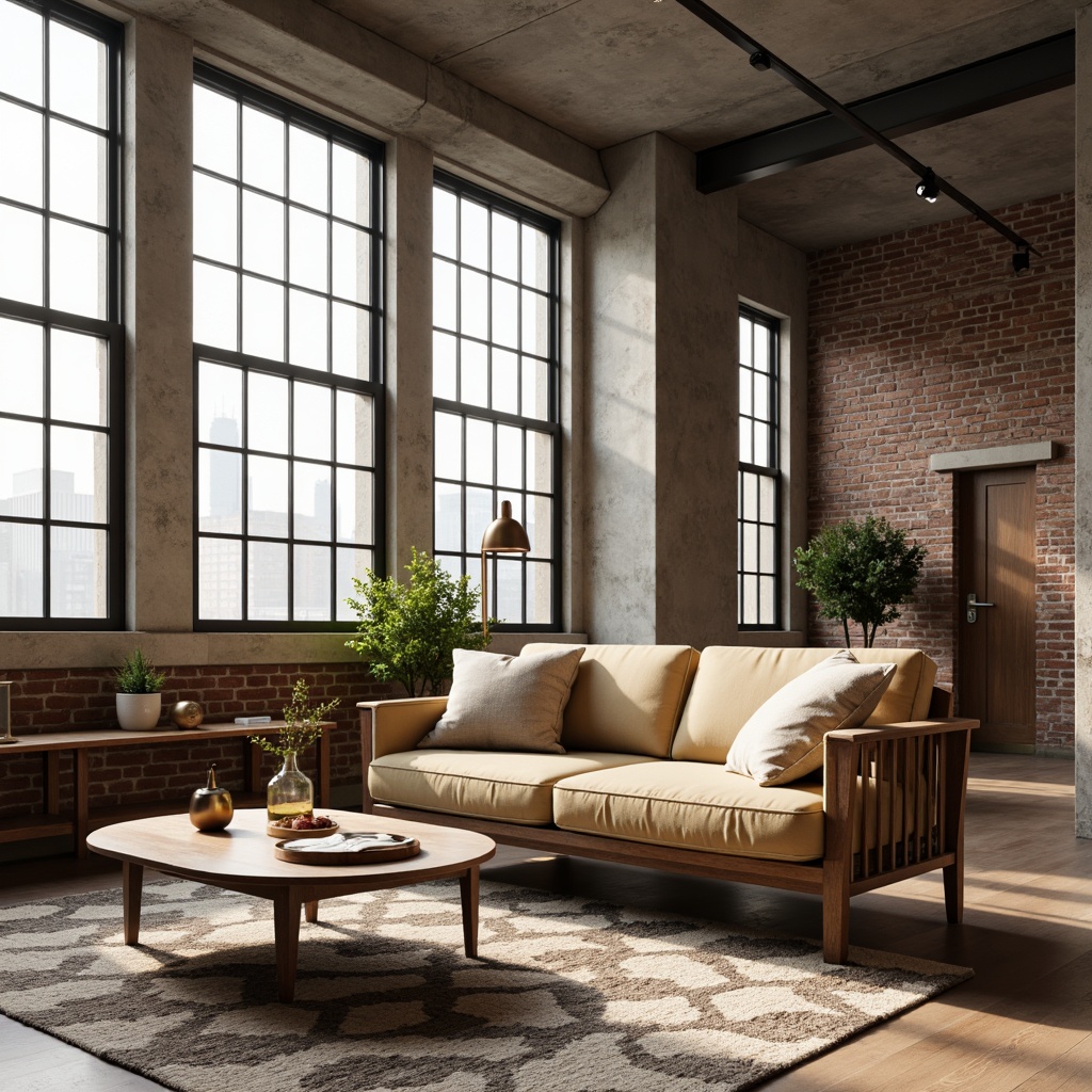 Prompt: Mid-century modern sofa, plush velvet upholstery, sleek wooden legs, minimalist coffee table, geometric patterned rug, floor-to-ceiling windows, natural light pouring in, urban chic loft apartment, industrial concrete ceiling, exposed brick walls, cozy reading nook, oversized pillows, warm beige tones, metallic accents, ambient soft lighting, 1/1 composition, shallow depth of field, realistic textures.