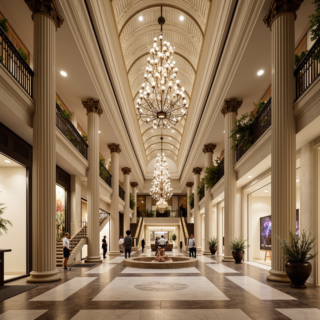 Prompt: Grand shopping centers, neoclassical columns, ornate capitals, intricate carvings, polished marble floors, majestic high ceilings, crystal chandeliers, elegant staircases, luxurious fabrics, refined metallic details, subtle patterns, warm beige tones, soft natural lighting, shallow depth of field, 1/2 composition, symmetrical framing, realistic textures, ambient occlusion.