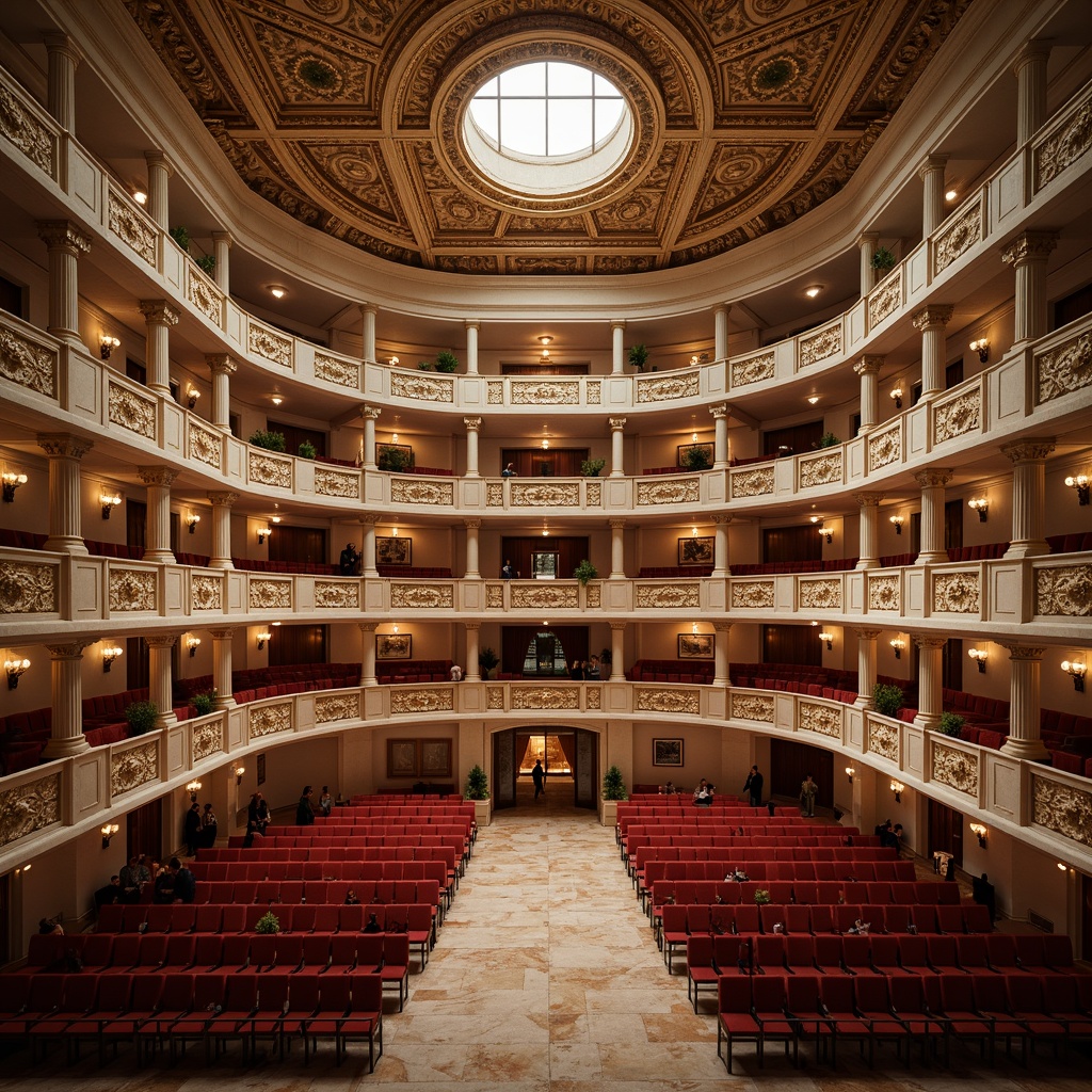 Prompt: Grand amphitheater, neoclassical architecture, tiered seating arrangement, elegant curved lines, ornate stone carvings, rich velvet upholstery, gold accents, intricate moldings, lavish chandeliers, polished marble floors, majestic columns, sweeping arches, soft warm lighting, shallow depth of field, 1/1 composition, panoramic view, realistic textures, ambient occlusion.