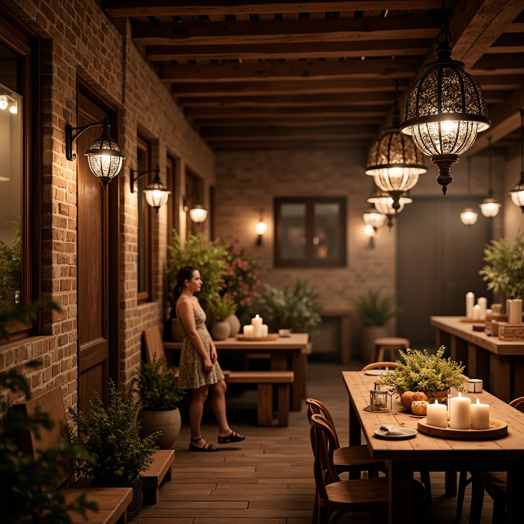 Prompt: Traditional market interior, warm atmospheric lighting, rustic wooden beams, distressed brick walls, ornate metal lanterns, vintage pendant lights, candles on wooden tables, soft warm glow, cozy ambiance, inviting atmosphere, warm color palette, earthy tones, natural textures, authentic materials, elegant chandeliers, refined sconces, subtle shading, softbox lighting, realistic reflections, 1/1 composition, shallow depth of field.