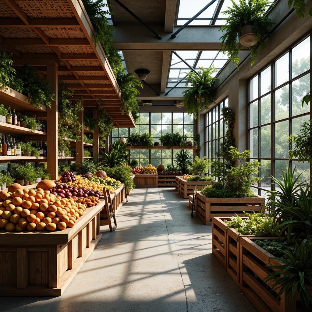 Prompt: Vibrant tropical grocery store, exotic wood accents, woven rattan shelves, lush greenery, colorful fruit displays, natural stone flooring, reclaimed wood crates, modern minimalist lighting, industrial metal beams, open-air feel, misty atmosphere, warm ambient lighting, 1/1 composition, realistic textures, ambient occlusion, tropical leaf patterns, eclectic decorative elements.