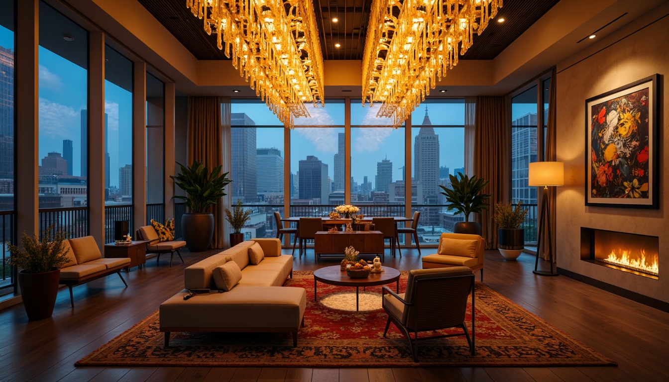 Prompt: Luxurious penthouse, dramatic high ceilings, grand chandeliers, lavish crystal fixtures, warm golden lighting, moody shadows, bold colorful accents, eclectic artwork, sleek modern furniture, rich textiles, metallic finishes, cityscape views, floor-to-ceiling windows, panoramic skyline, softbox lighting, cinematic ambiance, 1/2 composition, low-key illumination, atmospheric glow.