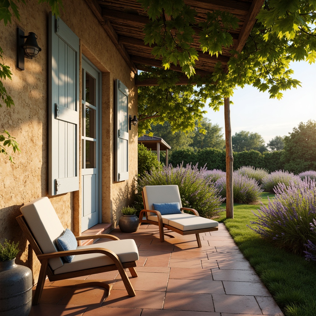 Prompt: Rustic French country cottage, soft warm beige walls, distressed wood accents, vintage metal decor, earthy terracotta floors, sky blue shutters, creamy white trim, lush green vines, blooming lavender fields, sunny afternoon light, warm golden hour glow, shallow depth of field, 2/3 composition, romantic soft focus, natural textures, ambient occlusion.