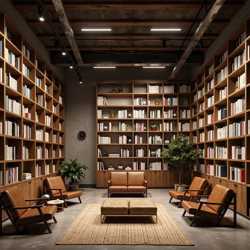 Prompt: Minimalist bookstore interior, wooden bookshelves, reclaimed wood accents, industrial metal beams, concrete floors, cozy reading nooks, vintage leather armchairs, natural fiber rugs, warm softbox lighting, subtle shadows, 1/2 composition, intimate atmosphere, realistic textures, ambient occlusion.