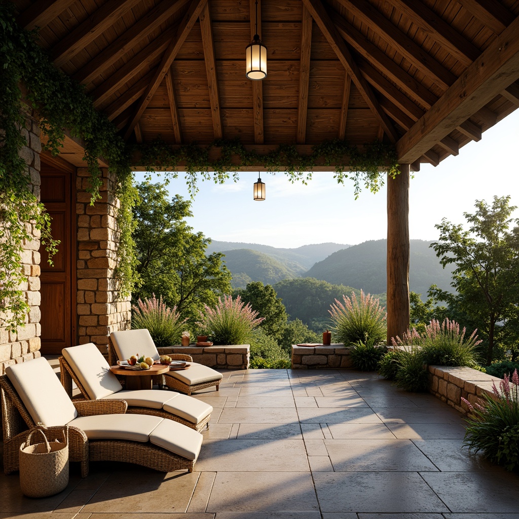 Prompt: Rustic pavilion, natural stone foundation, wooden pillars, exposed beams, earthy tones, organic textures, lush greenery, blooming flowers, wild vines, lantern-style lighting, warm soft glow, open veranda, panoramic views, rolling hills, serene countryside, sunny afternoon, gentle breeze, shallow depth of field, 3/4 composition, realistic shadows, ambient occlusion.