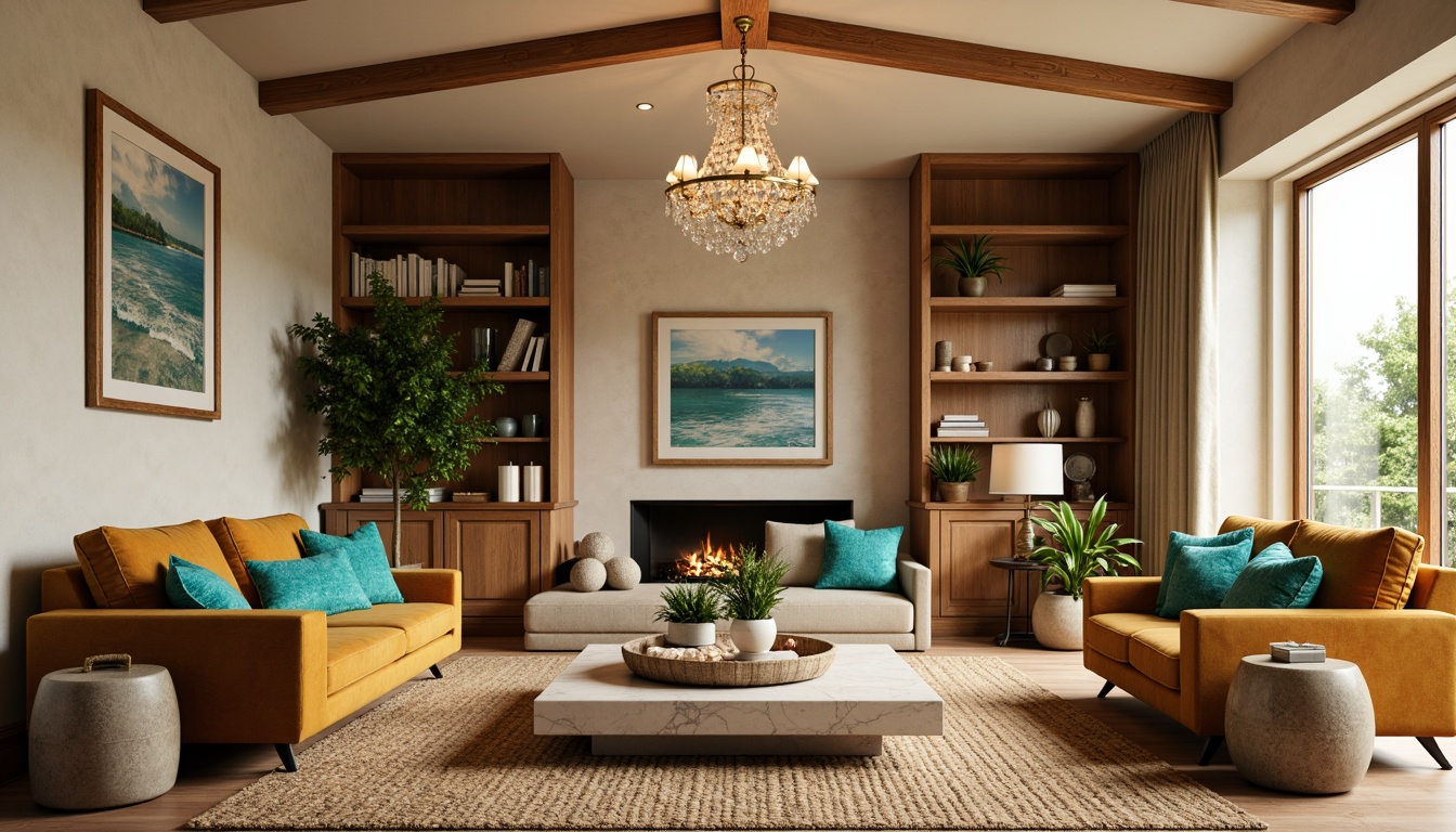 Prompt: Harmonious living room, soft beige walls, rich walnut wood accents, plush velvet sofas, vibrant turquoise throw pillows, natural stone coffee tables, woven jute rugs, elegant crystal chandeliers, warm golden lighting, shallow depth of field, 1/1 composition, realistic textures, ambient occlusion.