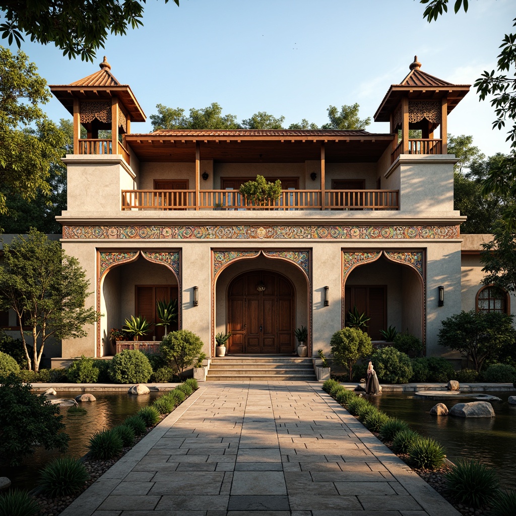 Prompt: Rustic temple exterior, intricately carved wooden doors, vibrant tile work, ornate bell towers, symmetrical fa\u00e7ade, grand entrance gates, peaceful courtyard, serene water features, lush greenery, natural stone pathways, traditional lanterns, warm soft lighting, shallow depth of field, 1/1 composition, realistic textures, ambient occlusion, harmonious color palette, eclectic architectural elements, cultural heritage inspiration.