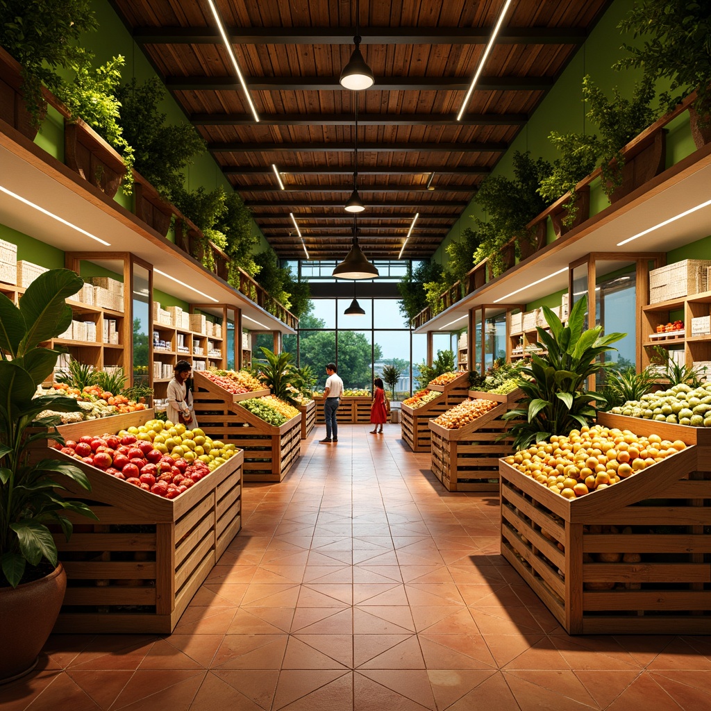 Prompt: Vibrant tropical grocery store, exotic fruit displays, wooden crates, rattan baskets, warm terracotta flooring, natural stone accents, earthy tones, high-gloss finish, slip-resistant surface, durable ceramic tiles, moisture-resistant coating, colorful tile patterns, playful geometric shapes, lush green walls, lively ambiance, soft warm lighting, shallow depth of field, 1/1 composition, realistic textures, ambient occlusion.