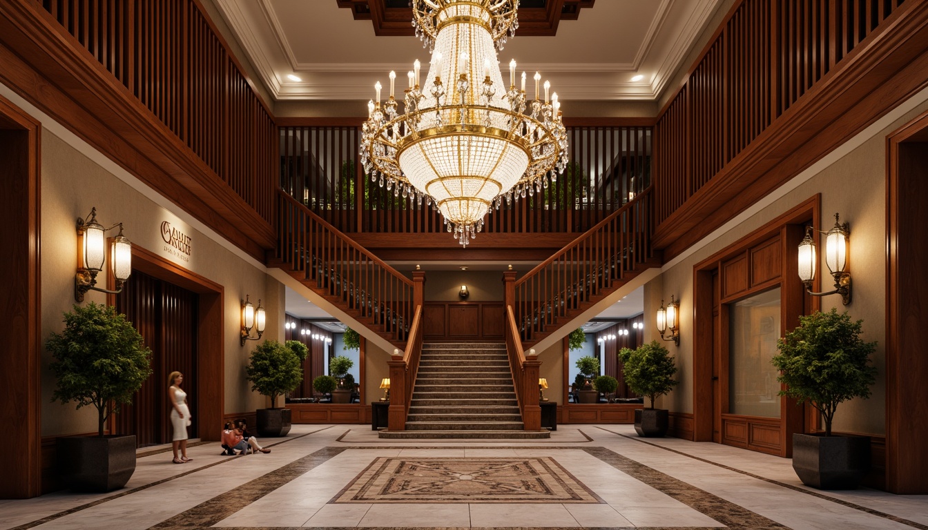 Prompt: Ornate chandeliers, crystal droplets, gilded accents, intricately carved wooden sconces, bronze lanterns, grand staircase, opulent foyer, high ceilings, marble floors, rich wood paneling, lavish drapery, regal colors, soft warm glow, subtle shading, 1/1 composition, symmetrical framing, realistic reflections, ambient occlusion.