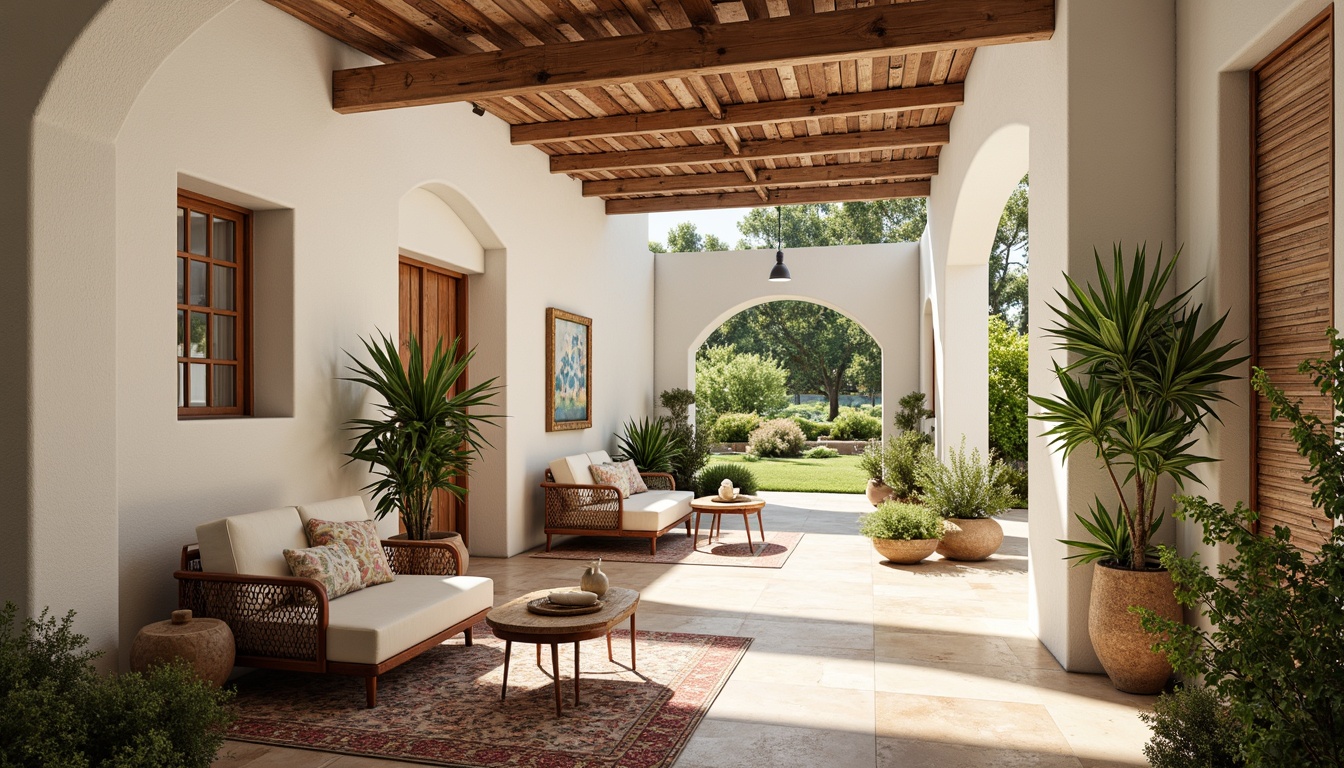 Prompt: Warm Mediterranean interior, creamy whites, soft blues, earthy terracotta, rich wood accents, natural stone textures, woven rattan furniture, ornate metalwork details, lush greenery, vibrant floral patterns, warm sunny lighting, shallow depth of field, 1/2 composition, realistic renderings, ambient occlusion.