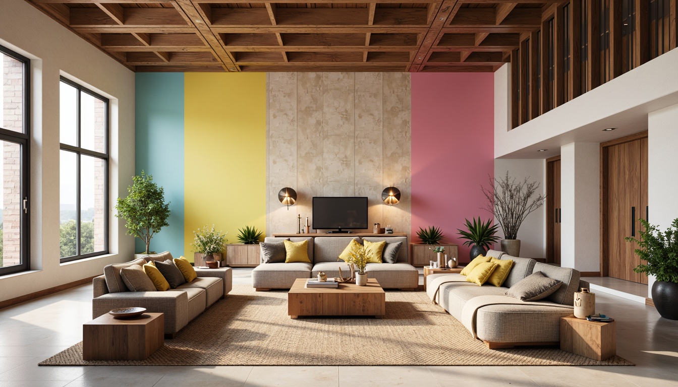 Prompt: Vibrant modern interior, trendy color scheme, bold accent walls, pastel hues, neutral background tones, luxurious metallic accents, rich wood textures, sophisticated furniture designs, eclectic decorative patterns, abundant natural light, airy atmosphere, shallow depth of field, 3/4 composition, realistic rendering, ambient occlusion.