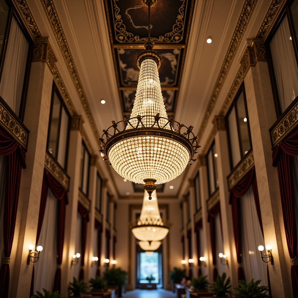 Prompt: Elegant chandeliers, ornate metalwork, crystal droplets, refined glass shades, polished brass accents, stately columnar architecture, grandiose high ceilings, ornamental moldings, luxurious velvet drapes, intricate marble patterns, subtle warm glow, softbox lighting, 1/1 composition, symmetrical framing, realistic reflections, ambient occlusion.