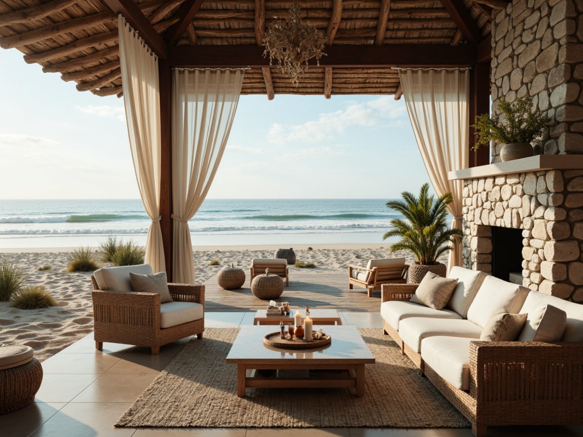 Prompt: Soothing coastal venue, calming ocean views, serene sandy beaches, gentle sea breeze, natural driftwood accents, weathered stone walls, soft blue-green hues, creamy whites, warm beige tones, distressed wood textures, vintage nautical elements, rustic rope details, subtle shell patterns, tranquil candlelight, cozy fireplaces, plush linen upholstery, woven rattan furniture, peaceful ambient lighting, shallow depth of field, 1/1 composition, realistic reflections, atmospheric misting.