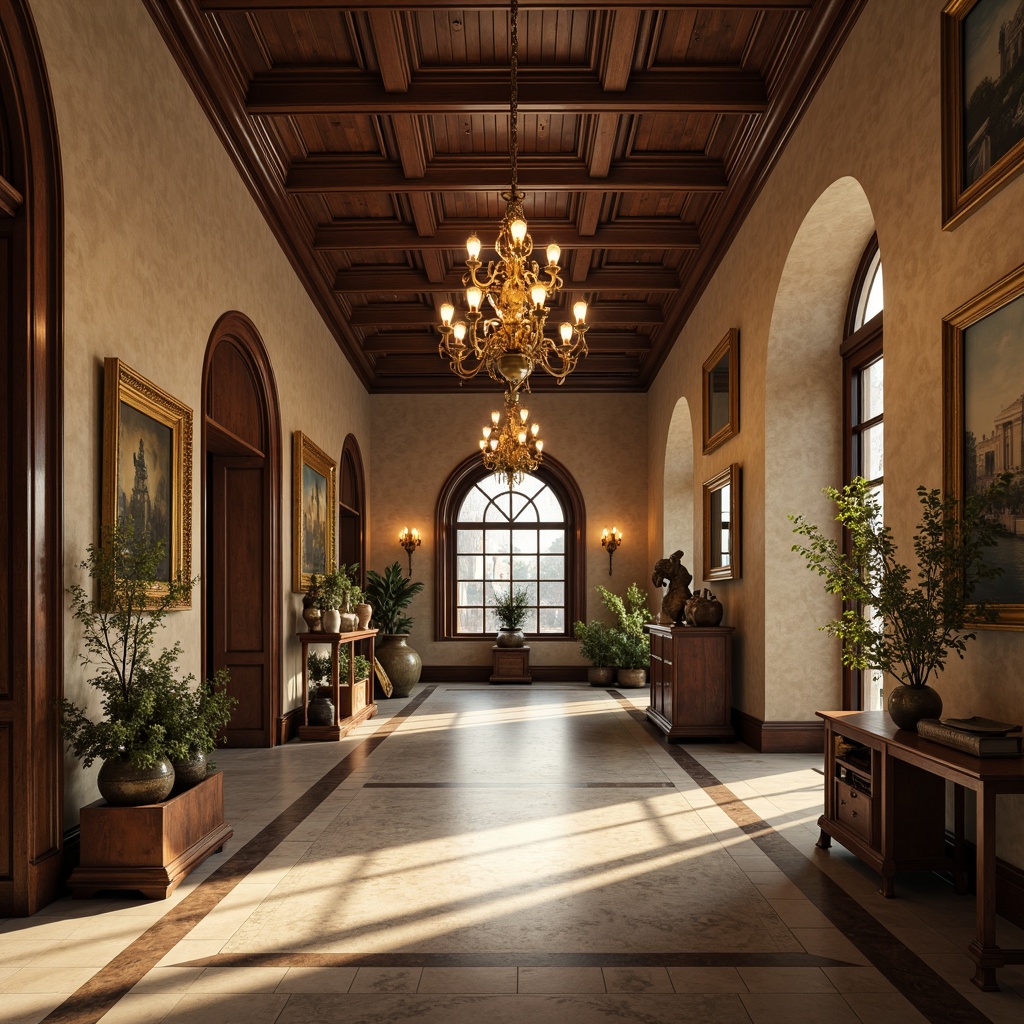 Prompt: \Historic museum, grand entrance hall, ornate chandeliers, polished marble floors, rich wood tones, vintage artifacts, muted earthy colors, warm beige walls, soft golden lighting, subtle texture overlays, 1/2 composition, realistic reflections, ambient occlusion.\Let me know if this meets your requirements or if you'd like me to revise anything!