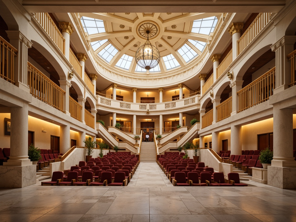 Prompt: Grand amphitheater, neoclassical architecture, ornate columns, marble floors, elegant arches, sweeping staircases, luxurious velvet seats, golden accents, subtle lighting, warm beige tones, soft cream colors, rich wood textures, intricate carvings, dramatic ceiling heights, symmetrical composition, 1/2 camera angle, shallow depth of field, realistic render, ambient occlusion.