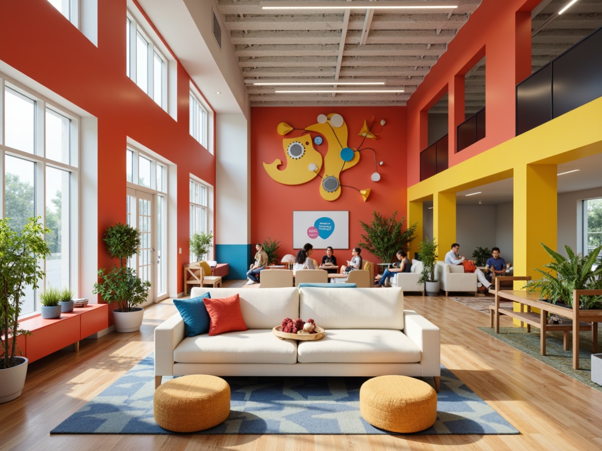 Prompt: Vibrant youth center interior, playful color scheme, bright coral walls, energetic yellow accents, calming blue hues, creamy white furniture, wooden flooring, modern minimalist decor, geometric patterns, abstract art pieces, eclectic textile combinations, lively greenery, natural light, airy atmosphere, informal seating areas, collaborative workspaces, dynamic lighting fixtures, flexible layout designs.