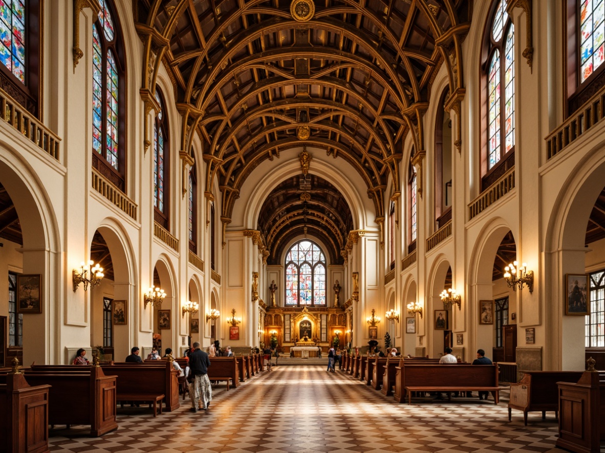 Prompt: Opulent church interior, luxurious golden accents, rich jewel tones, ornate metallic details, vibrant stained glass windows, geometric patterns, elegant archways, grandiose pillars, lavish marble floors, warm cream-colored walls, majestic ceilings, dramatic chandeliers, soft warm lighting, high contrast, 1/2 composition, detailed textures, ambient occlusion.