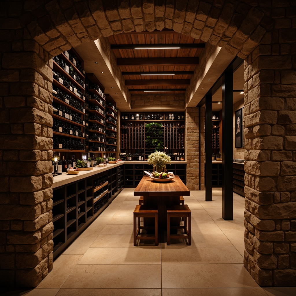 Prompt: Luxurious wine cellar, dimly lit ambiance, rich wood tones, stone walls, climate-controlled environment, precise temperature regulation, humidity management system, sleek metal racks, glass-enclosed wine storage, ambient soft lighting, warm earthy colors, sophisticated temperature monitoring, advanced cooling systems, insulated walls, humidistat control, subtle LED lighting, premium materials, elegant curved lines, refined modern design, calm atmosphere, accurate thermoregulation.