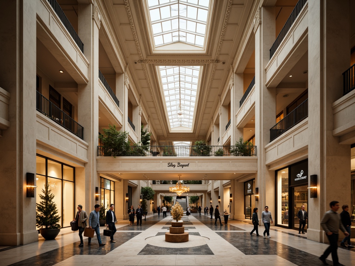 Prompt: Grandiose shopping mall, neoclassical architecture, ornate columns, intricate moldings, polished marble floors, crystal chandeliers, elegant staircases, luxurious furnishings, lavish decorations, high ceilings, spacious corridors, natural light, soft warm ambiance, subtle color palette, refined textures, symmetrical composition, 1/1 aspect ratio, cinematic lighting, atmospheric depth of field.