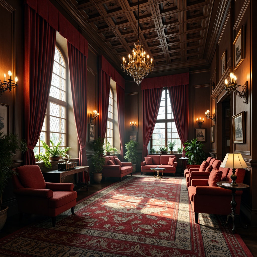 Prompt: Opulent gothic interior, rich velvet drapes, luxurious silk upholstery, intricately patterned rugs, dark wood paneling, ornate stone carvings, mysterious candlelight, dramatic stained glass windows, grand chandeliers, cozy reading nooks, plush throw blankets, embroidered tapestries, majestic archways, mystical ambiance, warm golden lighting, atmospheric fog effect, 1/1 composition, detailed textures, cinematic mood.