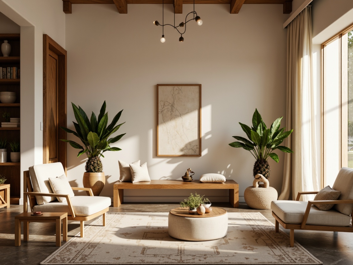 Prompt: Harmonious living room, earthy tone walls, soft beige furniture, rich wood accents, calming greenery, natural stone flooring, modern minimalist decor, subtle patterned rugs, creamy white curtains, warm golden lighting, 1/1 composition, shallow depth of field, realistic textures, ambient occlusion.