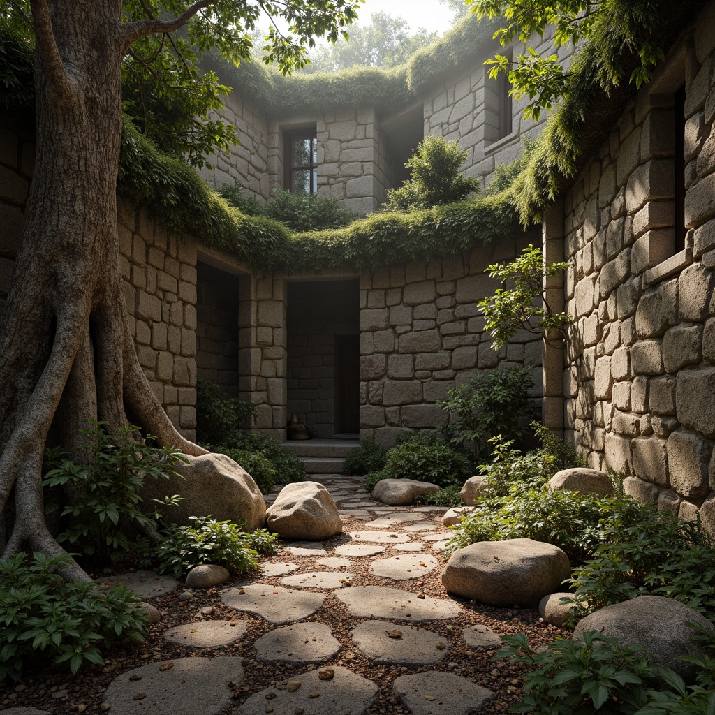 Prompt: Rustic, rocky terrain, weathered stone walls, moss-covered boulders, ancient tree roots, gnarled branches, intricate bark textures, earthy tones, natural rock formations, overgrown vegetation, misty atmosphere, soft warm lighting, shallow depth of field, 1/1 composition, realistic normal mapping, ambient occlusion.