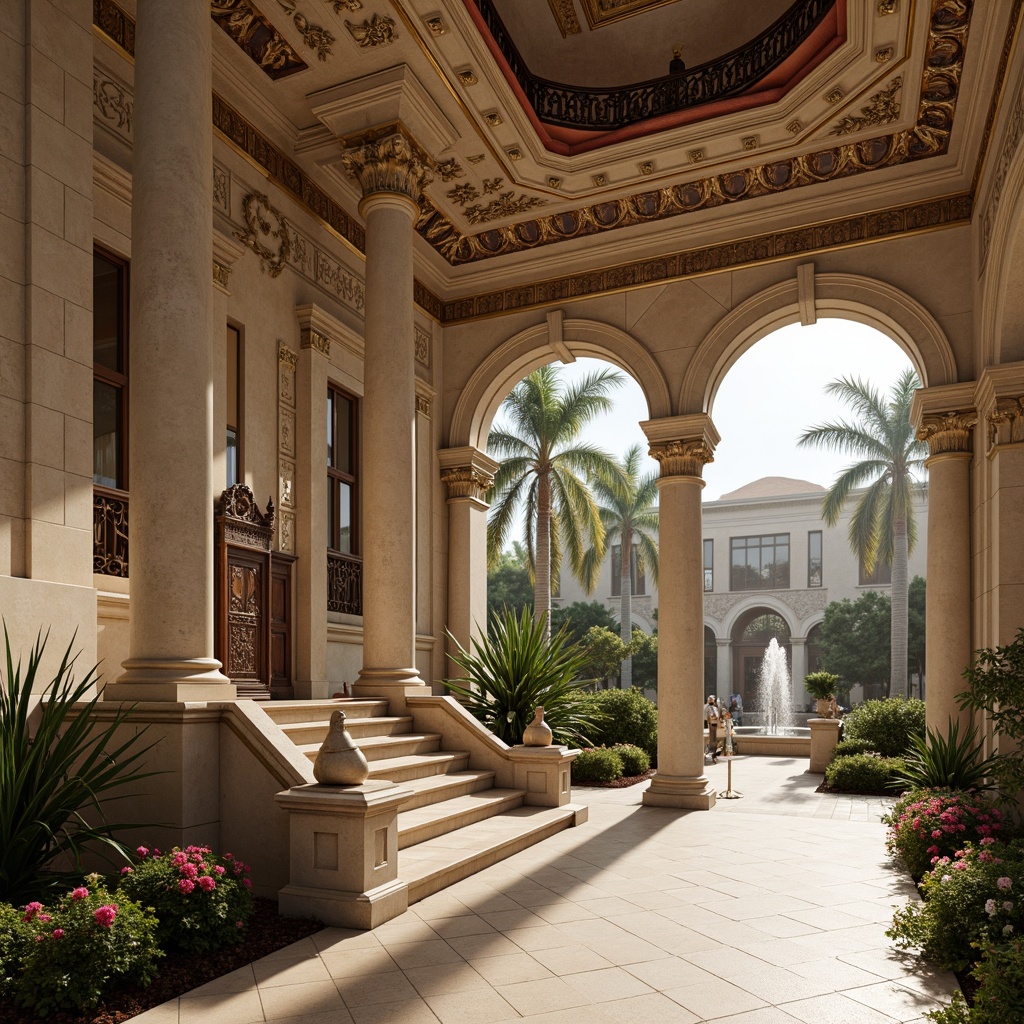 Prompt: Marble columns, ornate stone carvings, grand staircases, velvet drapes, gilded accents, intricate moldings, limestone fa\u00e7ade, symmetrical composition, curved lines, imposing arches, dramatic lighting, warm beige tones, rich textures, detailed ornaments, classical sculptures, elegant fountains, lush greenery, vibrant flowers, serene ambiance, natural light pouring in, shallow depth of field, 3/4 composition, panoramic view.