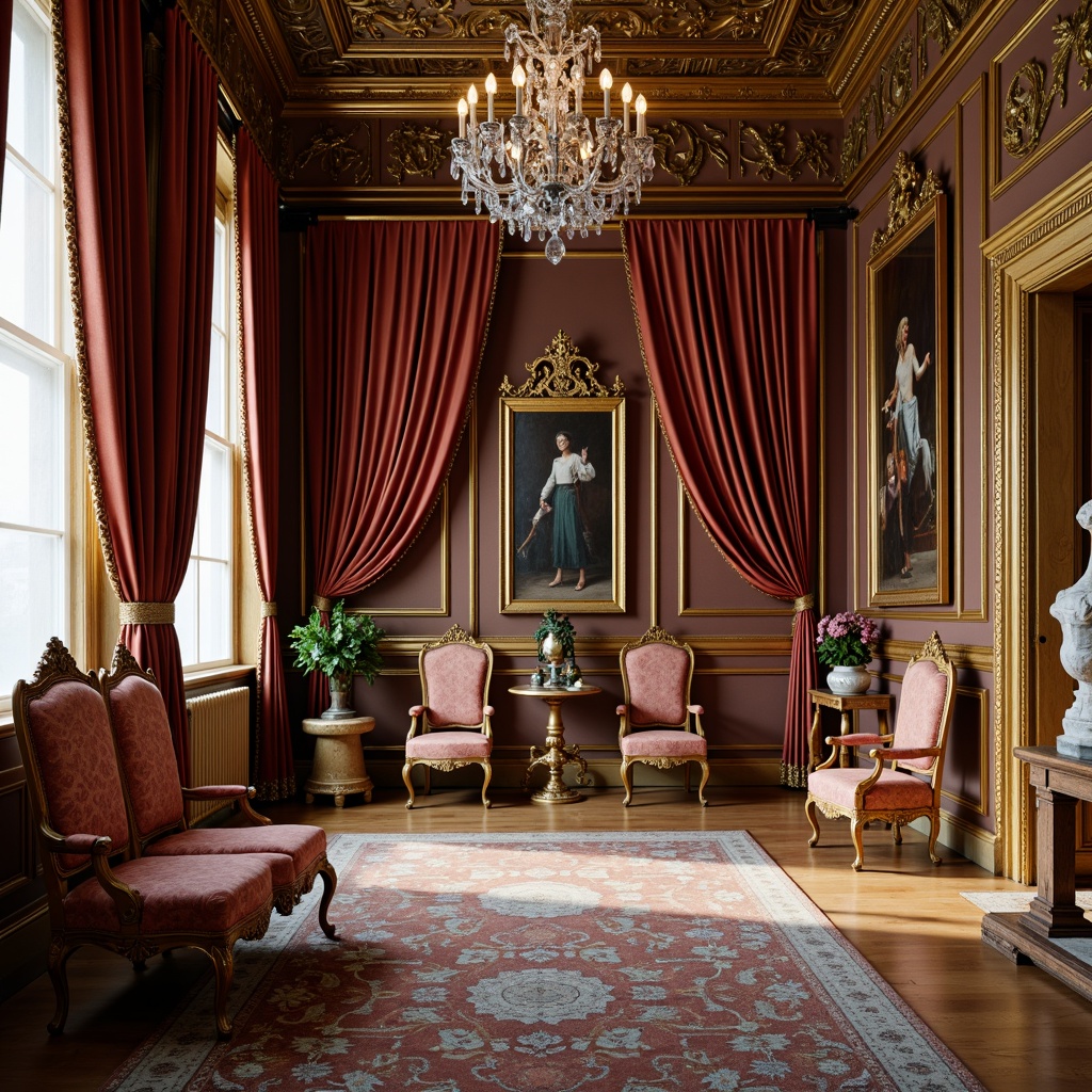 Prompt: Ornate museum interior, gilded frames, velvet drapes, intricately carved wooden furniture, Louis XV style chairs, ornamental mirrors, crystal chandeliers, marble floors, golden accents, soft warm lighting, shallow depth of field, 1/1 composition, realistic textures, ambient occlusion, luxurious atmosphere, historic artifacts, Baroque-inspired patterns, rich jewel-toned fabrics.