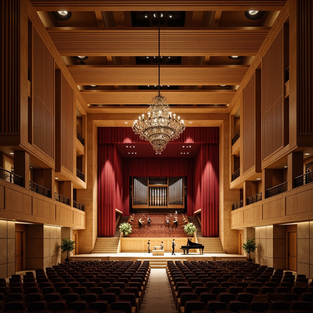 Prompt: Grand concert hall, ornate chandeliers, wooden acoustic panels, sound-absorbing materials, tiered seating, vaulted ceiling, natural stone walls, rich wood tones, warm lighting, spotlights on stage, grand piano, audience seating area, crimson velvet curtains, intricate molding details, symmetrical architecture, high ceilings, open spaces, minimalist decor, ambient lighting, soft shadows, 1/1 composition, realistic textures, subtle color palette.