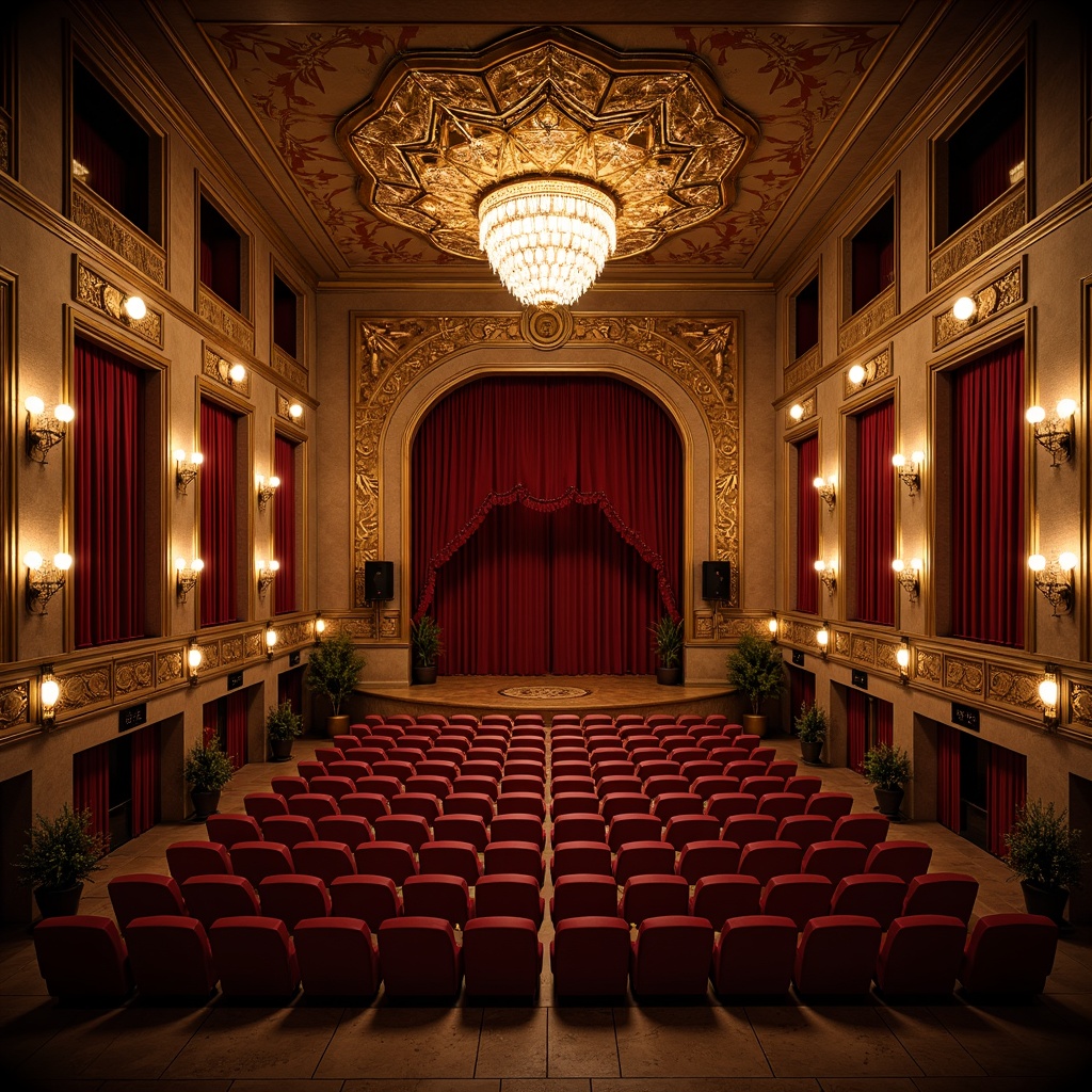 Prompt: Luxurious art deco auditorium, ornate golden details, velvet curtains, grand chandeliers, tiered seating arrangement, curved rows of seats, plush crimson upholstery, metallic accents, geometric patterns, intricate moldings, soft warm lighting, shallow depth of field, 3/4 composition, panoramic view, realistic textures, ambient occlusion.