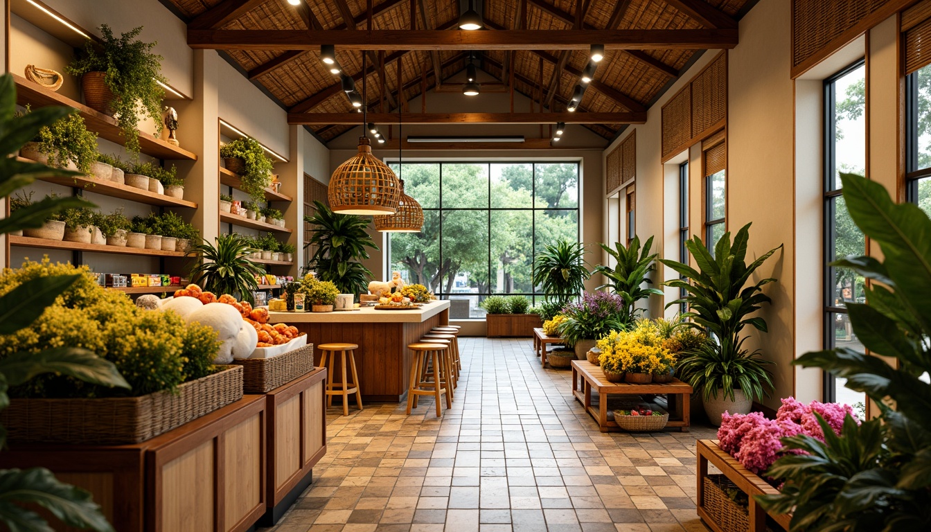 Prompt: Vibrant tropical grocery store interior, warm beige walls, rich wood accents, lush greenery, exotic flowers, natural rattan furniture, woven bamboo baskets, colorful ceramic tiles, soft warm lighting, warm white LED lights, pendant lamps, recessed lighting, subtle shadows, shallow depth of field, 1/1 composition, realistic textures, ambient occlusion.