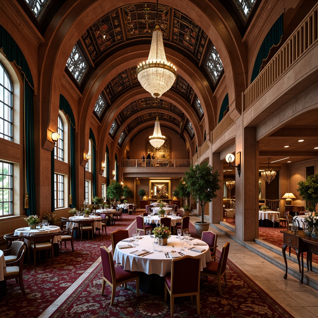 Prompt: Ornate dining hall, curved lines, flowing organic forms, luxurious furnishings, velvet drapes, intricately patterned carpets, ornamental mirrors, golden accents, lavish chandeliers, stained glass windows, sinuous banisters, decorative wall panels, natural stone floors, warm atmospheric lighting, soft focus, shallow depth of field, 2/3 composition, elegant table settings, fine china, crystal glasses, luxurious fabrics, rich wood tones.