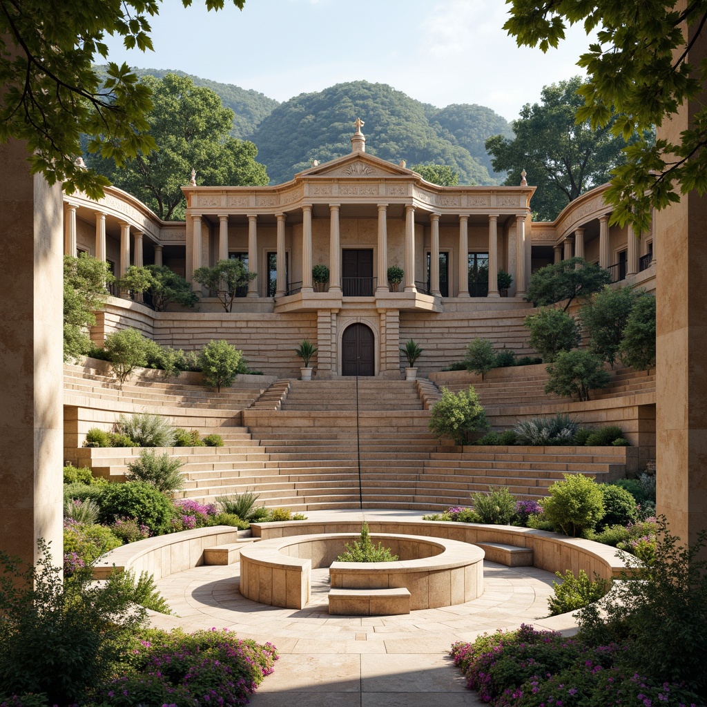 Prompt: Grandiose amphitheater, neoclassical architecture, ornate columns, intricate carvings, acoustic shell design, optimized sound reflection, resonant frequencies, natural stone seating, lush greenery, vibrant flowers, sunny day, warm soft lighting, shallow depth of field, 3/4 composition, panoramic view, realistic textures, ambient occlusion, curved lines, symmetrical layout, ornate fountains, grand entrance, imposing archways.