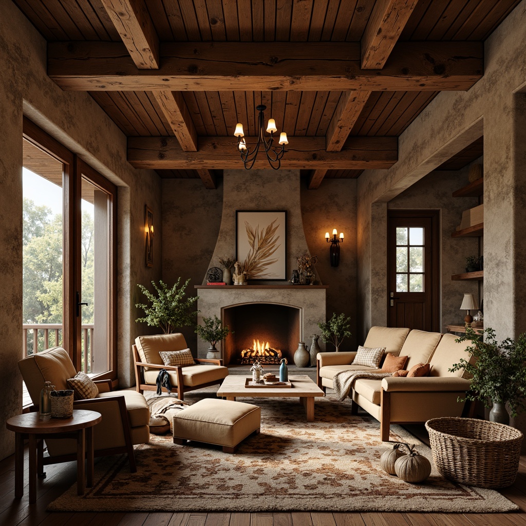 Prompt: Rustic wooden furniture, natural fabrics, earthy color palette, distressed finishes, vintage decorations, traditional craftsmanship, cozy candle lighting, warm textiles, woven baskets, hand-carved details, chunky throw blankets, plush area rugs, oversized armchairs, wooden ceiling beams, stone fireplaces, farmhouse-inspired accents, organic shapes, soft ambient illumination, intimate scale, 1/2 composition, realistic wood grain textures.