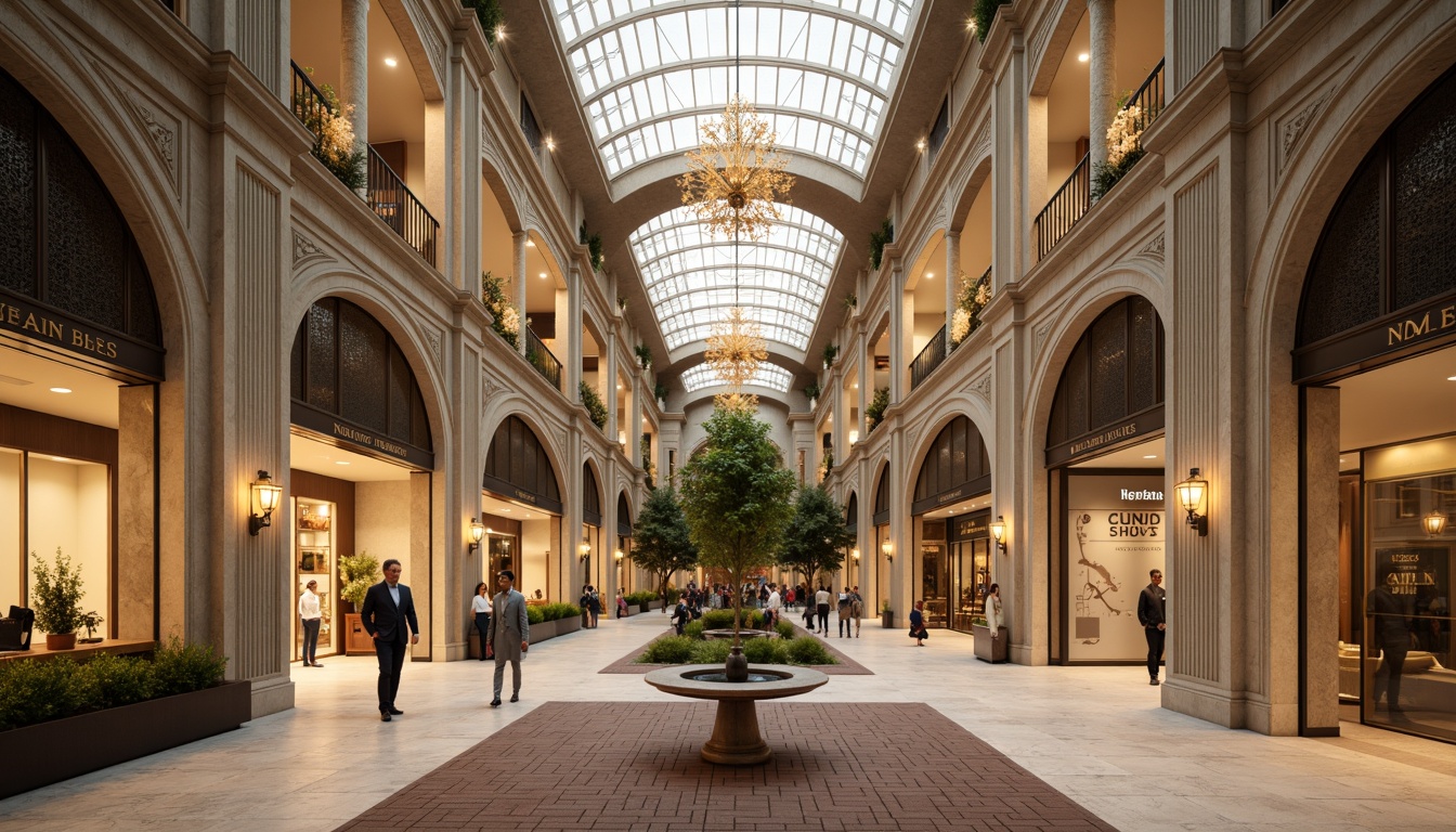 Prompt: Elegant shopping mall, grandiose entrance, ornate columns, carved marble floors, high ceilings, crystal chandeliers, luxurious boutiques, refined storefronts, polished metal accents, sophisticated signage, natural stone walls, subtle archways, symmetrical composition, soft warm lighting, atmospheric glow, 1/1 aspect ratio, central courtyard, lush greenery, tranquil fountain, neoclassical architecture, historic inspirations, classic color palette.