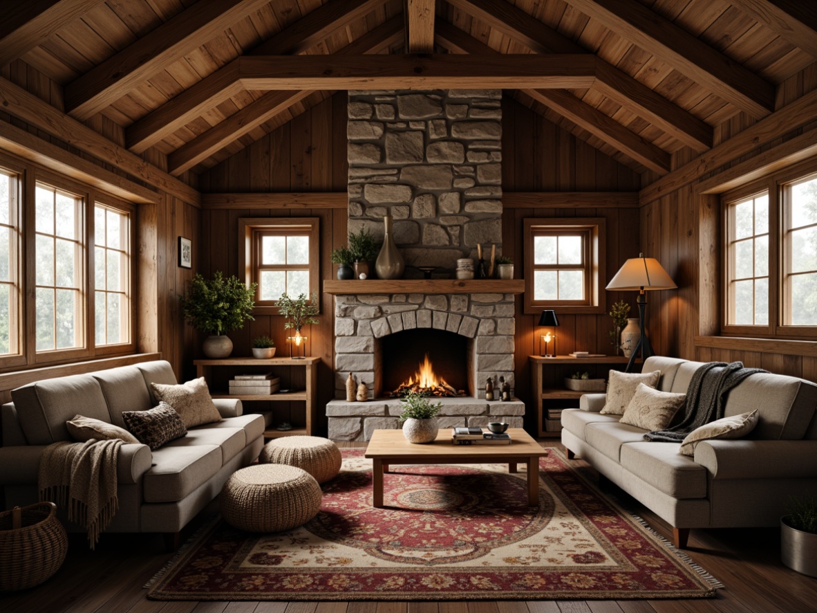 Prompt: Rustic cabin, wooden accents, earthy tones, natural fabrics, vintage decor, distressed finishes, reclaimed wood, stone fireplace, plush throw blankets, cozy seating areas, warm ambient lighting, soft candlelight, 3/4 composition, shallow depth of field, realistic textures, ambient occlusion.