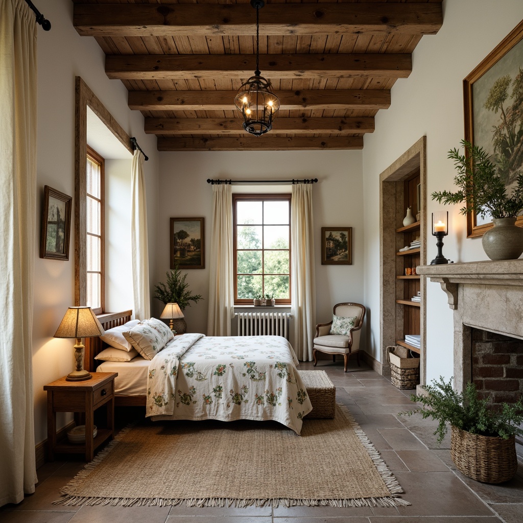 Prompt: Rustic French country cottage, distressed wood accents, vintage floral patterns, soft velvet fabrics, linen drapes, natural jute rugs, woven wicker furniture, antique tapestries, toile de Jouy prints, elegant lace trimmings, warm beige tones, creamy whites, soft sage greens, aged stone walls, wooden beams, ornate metalwork, candlelit ambiance, soft diffused lighting, cozy intimate spaces, nature-inspired colors.