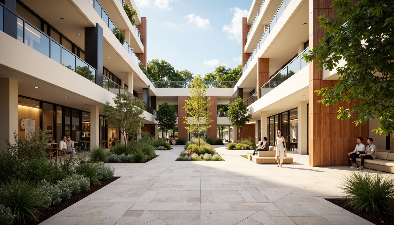 Prompt: Vibrant shopping mall, modern architecture, natural stone flooring, sleek glass railings, warm beige walls, rich wood accents, calming greenery, lush plants, soft warm lighting, shallow depth of field, 3/4 composition, realistic textures, ambient occlusion, neutral color scheme, earthy tones, creamy whites, blues and greens for a calming atmosphere.