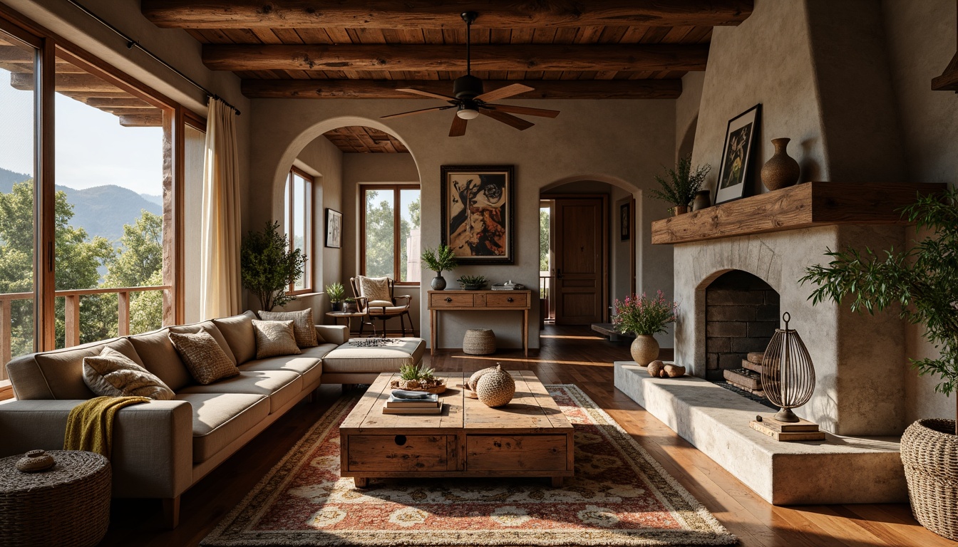 Prompt: Cozy living room, earthy tones, natural textures, wooden accents, vintage furniture, plush cushions, woven baskets, rustic coffee tables, stone fireplaces, soft warm lighting, shallow depth of field, 1/1 composition, intimate atmosphere, traditional ornaments, ethnic patterns, handmade crafts, organic shapes, distressed wood finishes, natural fiber rugs, earthy scents, warm color palette, cozy reading nooks.