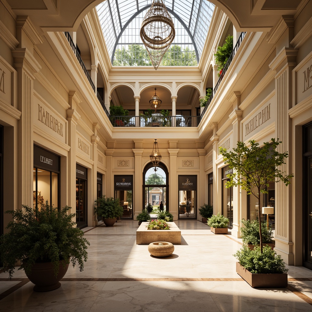 Prompt: Grand atrium, high ceilings, ornate chandeliers, marble floors, Doric columns, archways, vaulted roofs, symmetrical facades, elegant fountains, lush greenery, upscale boutiques, luxury brand logos, refined product displays, warm beige tones, soft golden lighting, shallow depth of field, 1/2 composition, realistic textures, ambient occlusion.