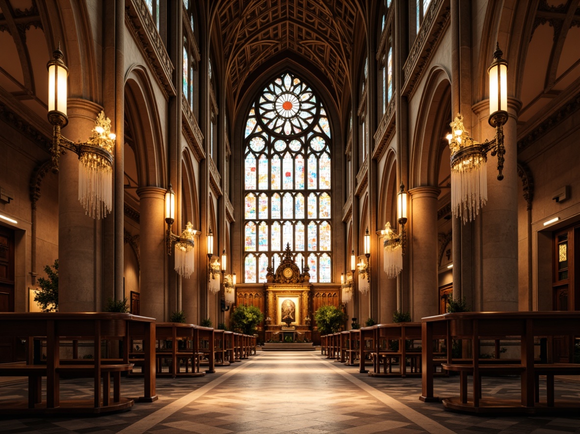 Prompt: Elegant cathedral, ornate stained glass windows, intricate stone carvings, lavish chandeliers, sconces with geometric patterns, bronze lanterns, crystal prisms, luxurious fabrics, velvet drapes, gilded accents, warm golden lighting, soft diffused glow, dramatic spotlights, subtle ambient illumination, 1/1 composition, symmetrical framing, high contrast ratio, rich textures, detailed ornaments.